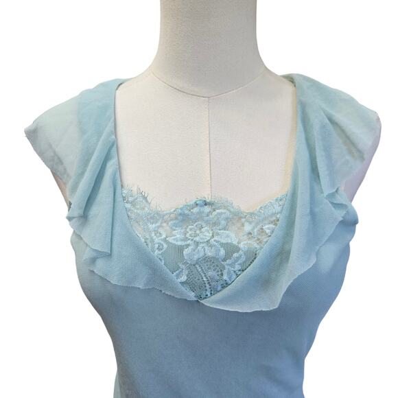 Womens Vtg Y2K Fairy Coquette Romantic Blue Mesh Lace Embroidered Ruffle Trim M - Picture 3 of 11